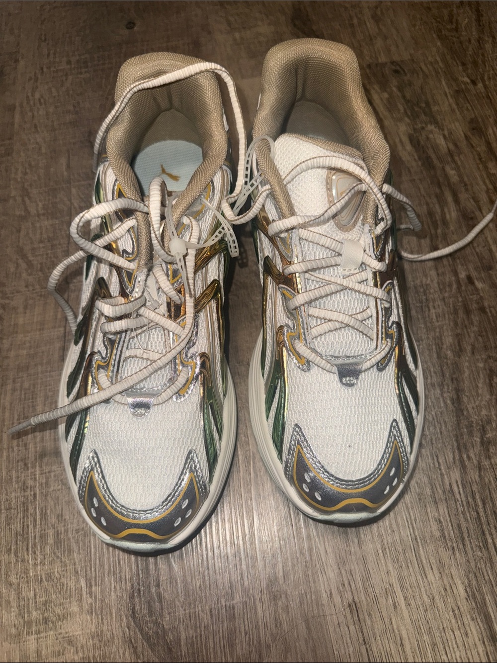 Puma Kids White Athletic Sneakers with Green and Gold Accents